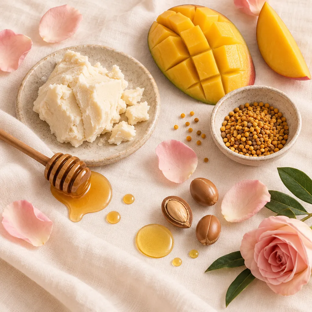Flat lay of shea butter, mango, bee pollen, rose petals and honey