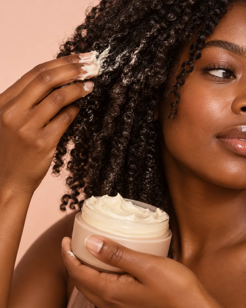 Hands working a whipped hair butter into defined curls