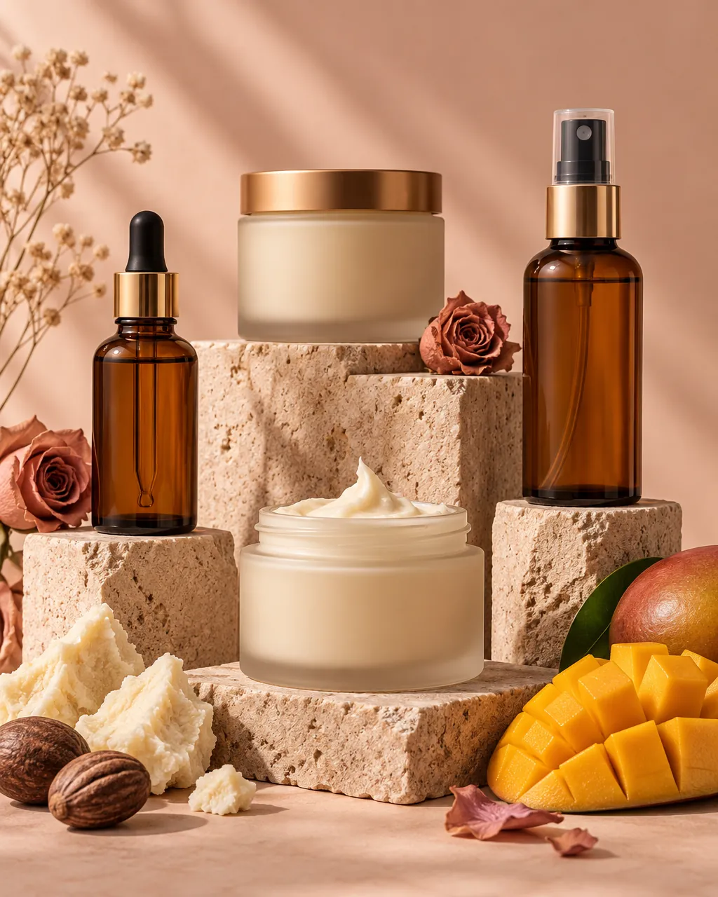 Hair butter jars and serum bottles on blush stone pedestals