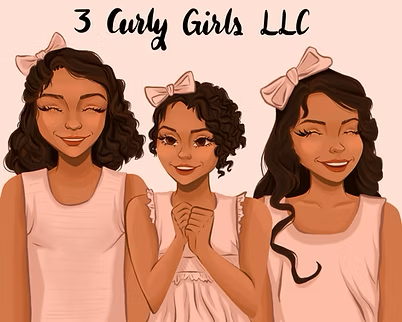 3 Curly Girls LLC illustrated logo of three smiling girls with curly hair and pink bows